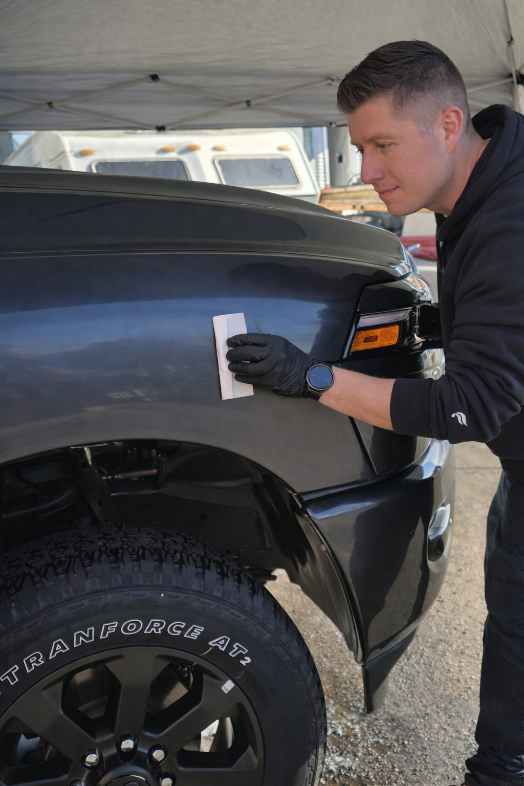Detailer applying ceramic coating to the fender of a dark grey pickup truck